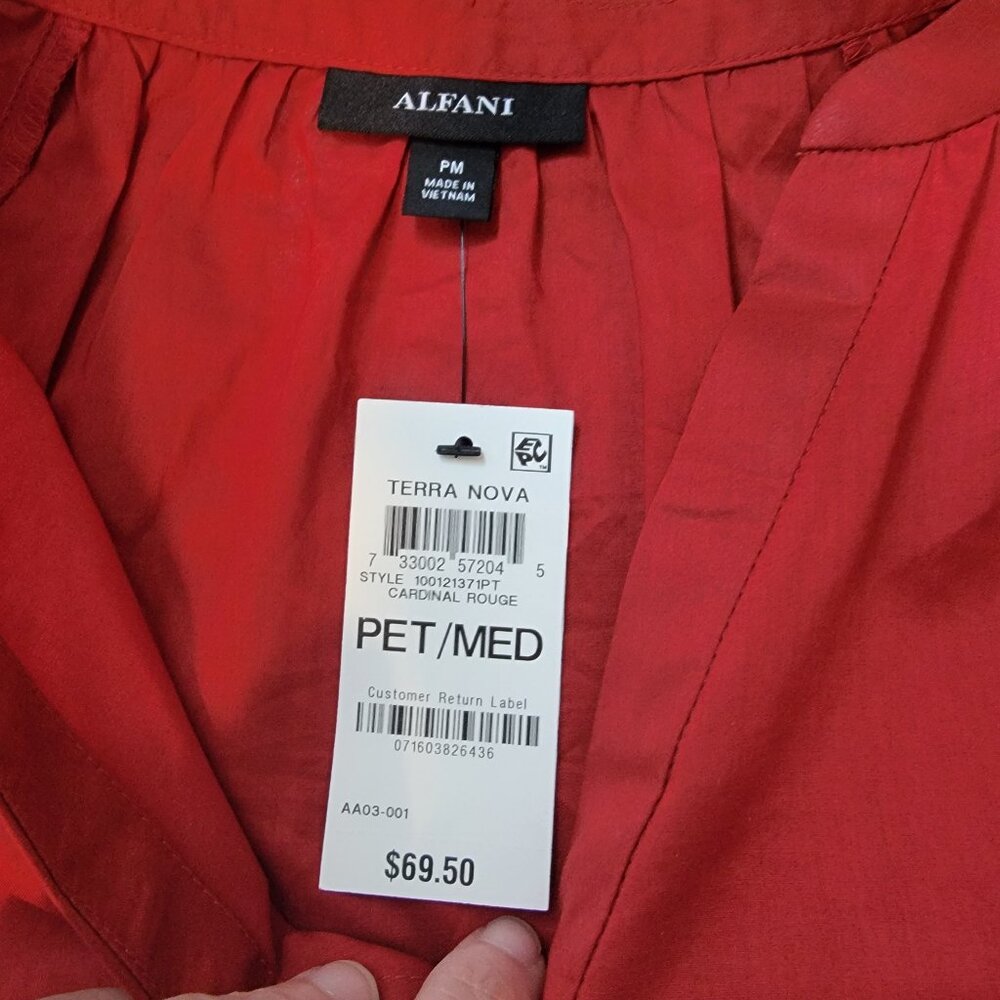 Alfani Terra Nova Cardinal Rouge Red V Neck Button Down Peasant Blouse - Picture 13 of 16